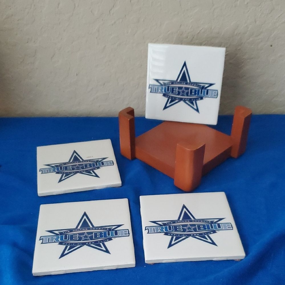 Dallas Cowboys Ceramic Coaster Set of 4 with Wooden Holder True Blue Fan Club